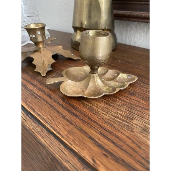 Vintage Solid Brass Candle Holder Set Fall Leaves Brass Candle Stick Holders MCM - Picture 2 of 6
